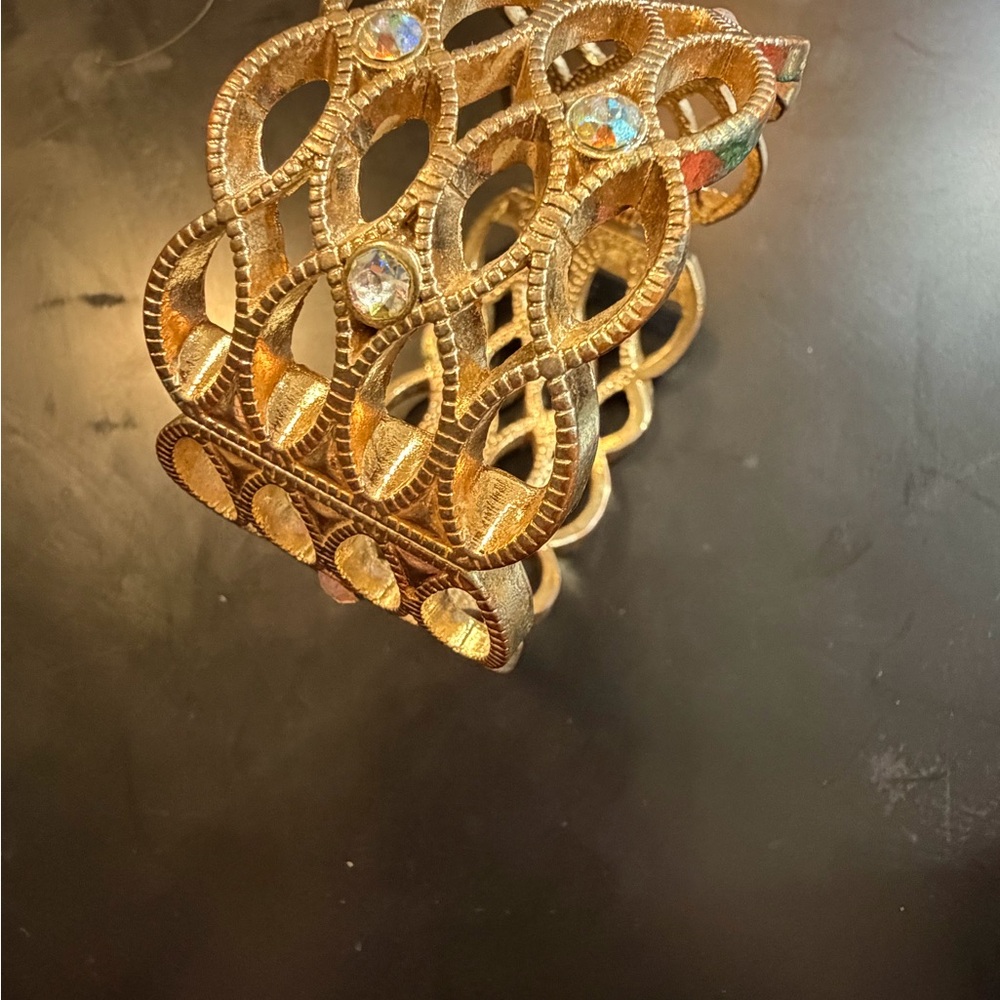 Vintage Gold Tone Filigree Cuff Bracelet with Rhinestones